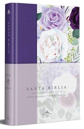 Biblia Reina Valera 1960 letra grande. Tapa Dura, Tela morada con flores, tamaño manual - Pura Vida Books