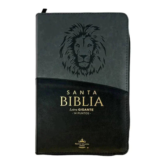 Biblia Reina Valera 1960. Tamaño manual Letra Gigante 14 puntos. Imitación Piel negro/gris con león.Con cierre y con índice. - Pura Vida Books