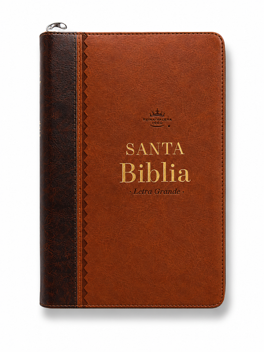 Biblia RVR1960 letra grande en imitación piel café con cierre de cremallera
