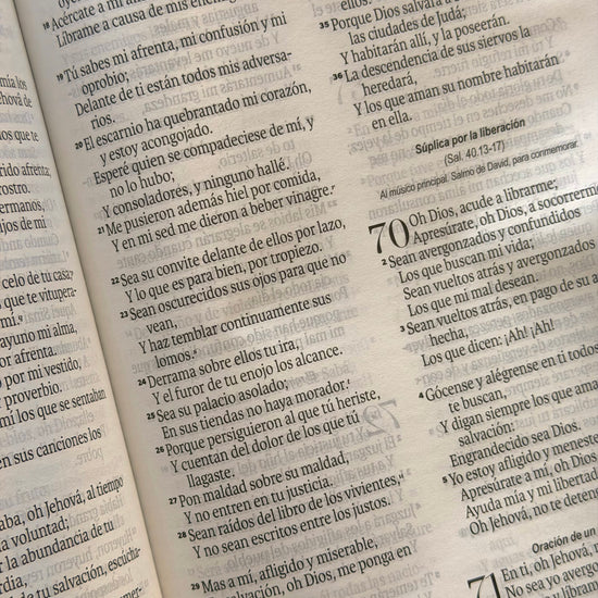 Primer plano de las páginas de la Biblia RVR1960 letra grande en los Salmos