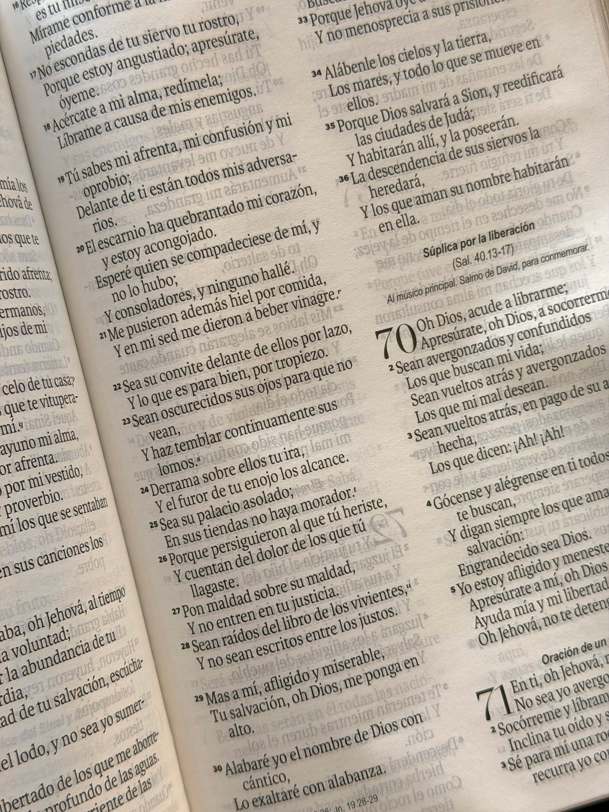 Primer plano de las páginas de la Biblia RVR1960 letra grande en los Salmos