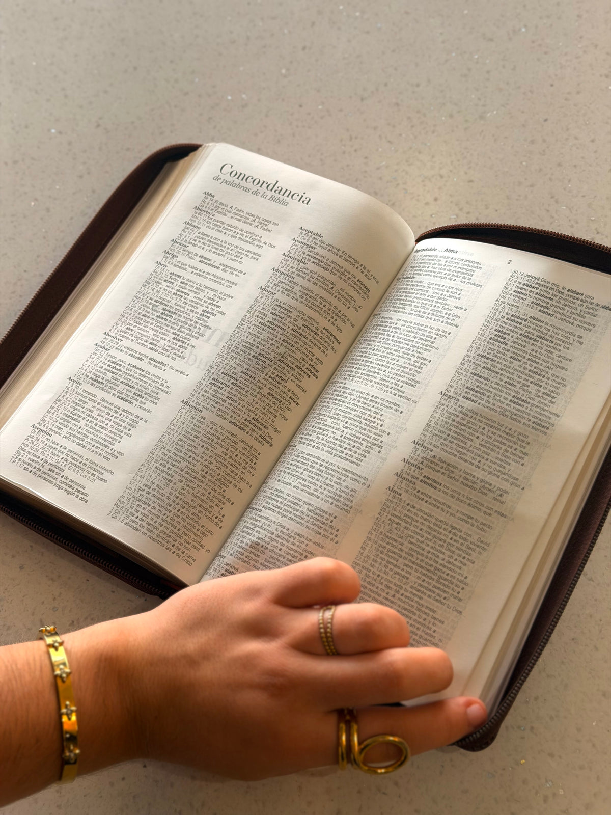Biblia RVR1960 café abierta en Lamentaciones sostenida con la mano