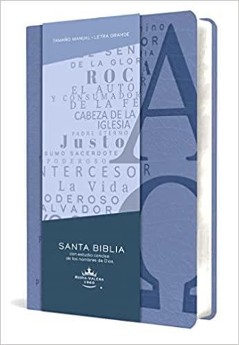 Biblia RVR60 letra grande tamaño manual, simil piel azul con nombres de Dios - Pura Vida Books
