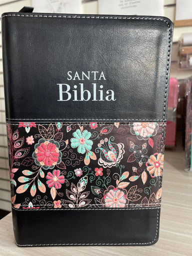 Biblia Tamaño Manual Letra Grande con cierre - Negro/Floral - Pura Vida Books
