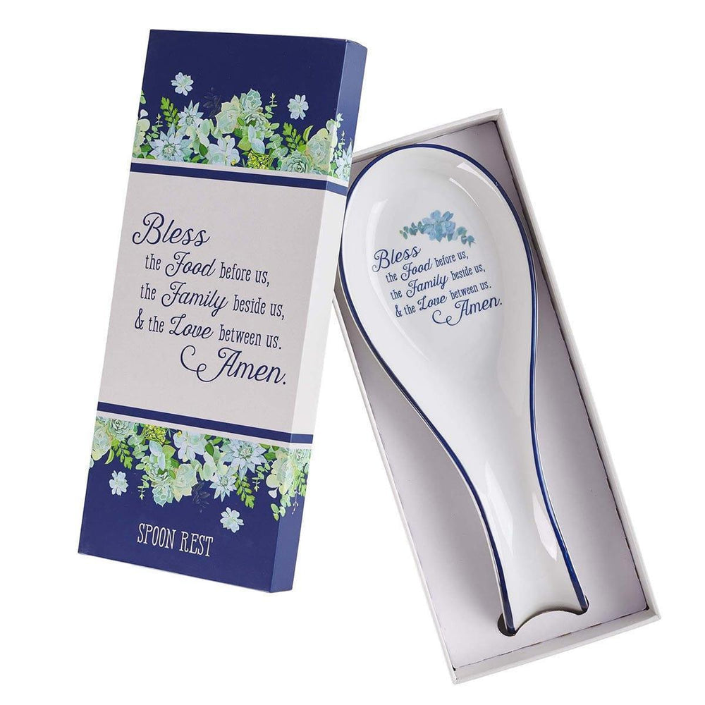 Bless the Food Before Us Ceramic Spoon Rest in White and Royal Blue - Matthew 11:6 - Pura Vida Books