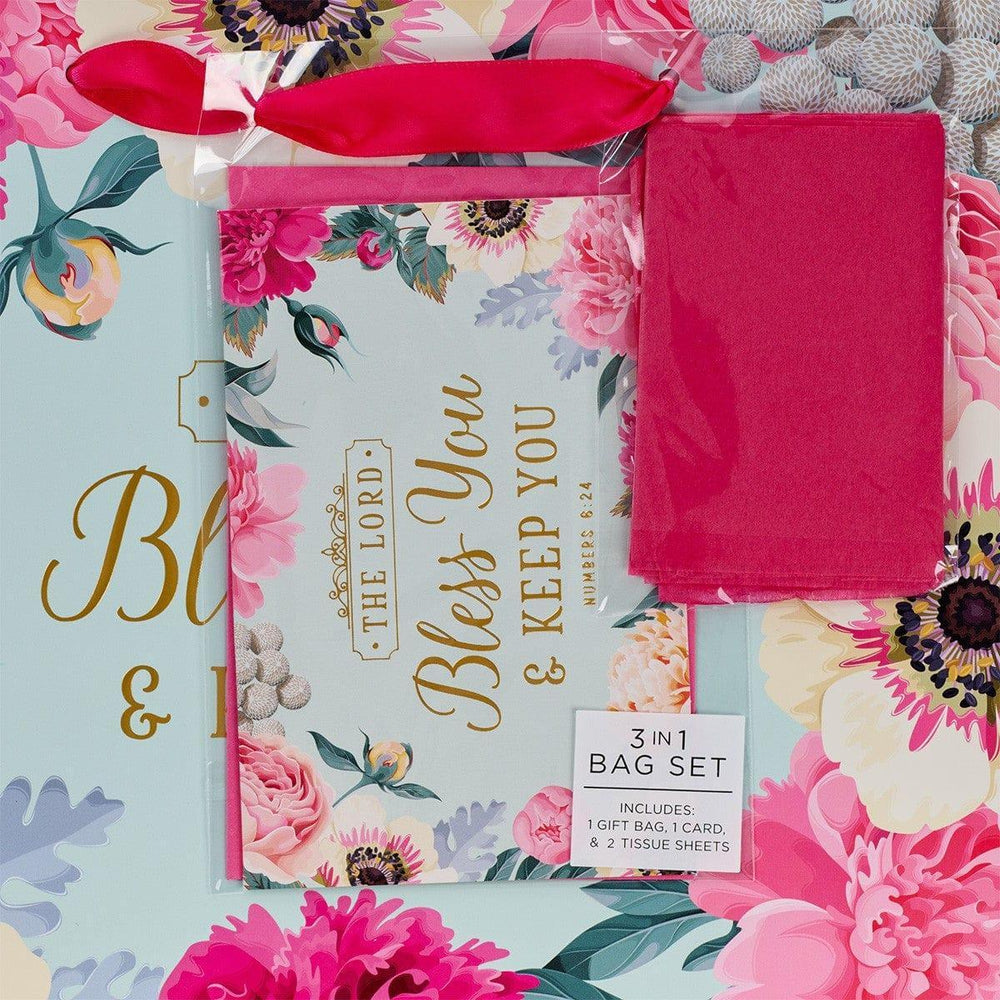 Bless You & Keep You Pink Floral Large Landscape Gift Bag with Card - Numbers 6:24 - Pura Vida Books