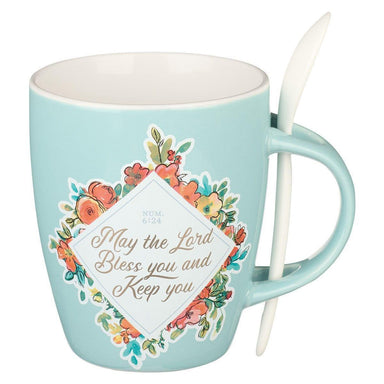 Bless You and Keep You Teal Ceramic Coffee Mug with Spoon - Numbers 6:24 - Pura Vida Books