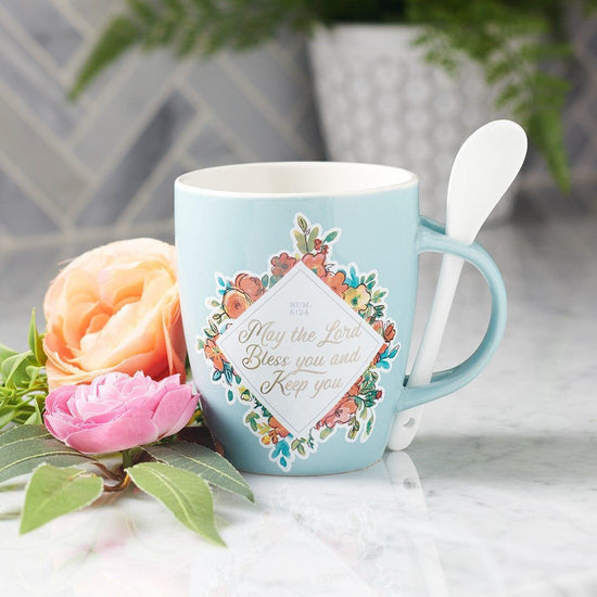 Bless You and Keep You Teal Ceramic Coffee Mug with Spoon - Numbers 6:24 - Pura Vida Books