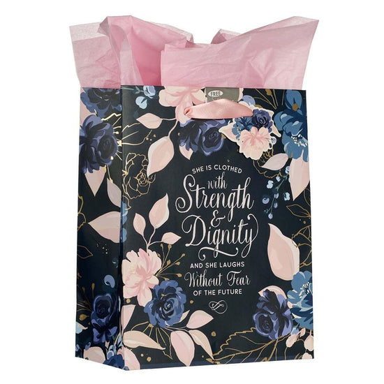 Blue Roses Strength and Dignity Medium Gift Bag - Proverbs 31:25 - Pura Vida Books