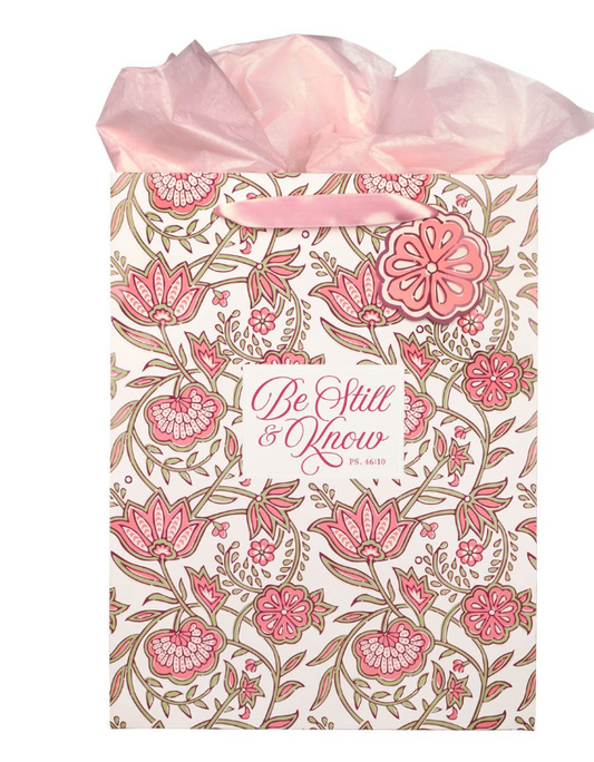 Bolsa de regalo Be Still Pink Spring Floral Large Portrait - Salmo 46:10