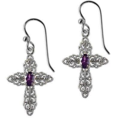 Bright Silver Open Cross with Amethyst Stone Earrings - Pura Vida Books