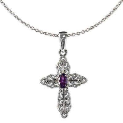 Bright Silver Open Cross with Amethyst Stone Necklace - Pura Vida Books