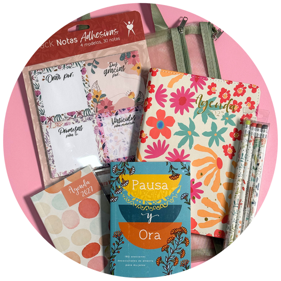 Bundle Agenda 2027 verde: agenda floral, libro Pausa y Ora, notas adhesivas y lápices