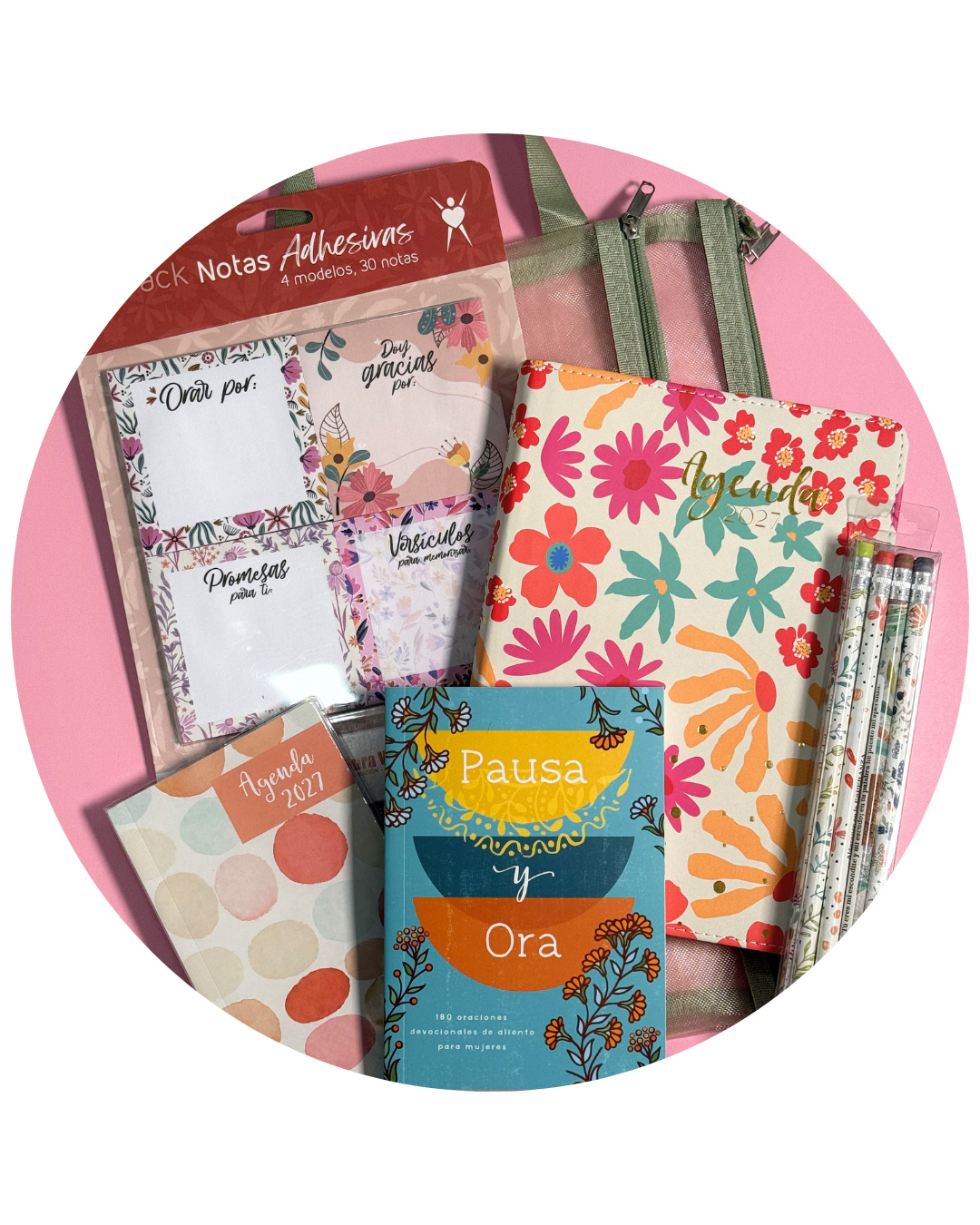 Bundle Agenda 2027 verde: agenda floral, libro Pausa y Ora, notas adhesivas y lápices