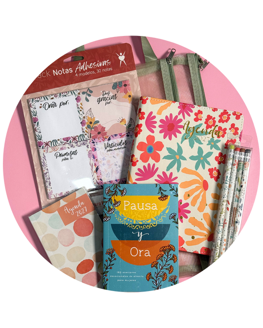 Bundle Agenda 2027 verde: agenda floral, libro Pausa y Ora, notas adhesivas y lápices