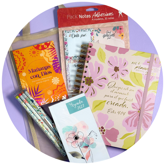 Bundle Planner 2027 crema: planner floral, libreta Mañanas con Dios, notas adhesivas y lápices