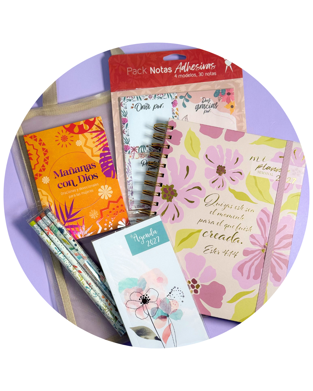 Bundle Planner 2027 crema: planner floral, libreta Mañanas con Dios, notas adhesivas y lápices