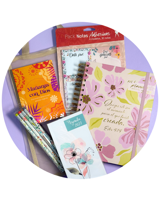 Bundle Planner 2027 crema: planner floral, libreta Mañanas con Dios, notas adhesivas y lápices