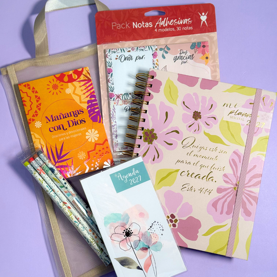 Contenido del Bundle Planner 2027 crema sobre fondo lila junto al bolso de malla