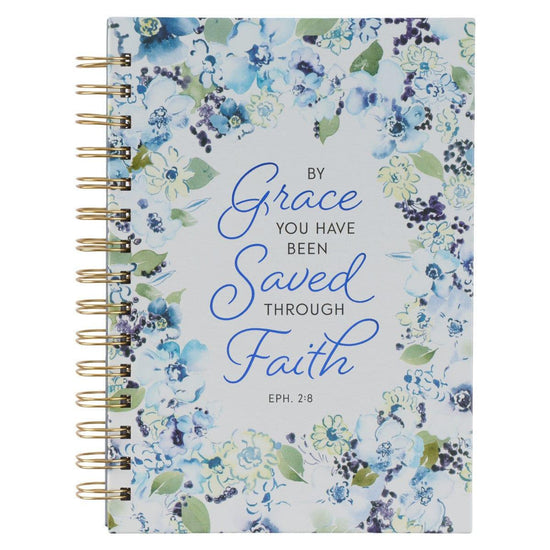 By Grace Blue Posies Large Wirebound Journal - Ephesians 2:8 - Pura Vida Books