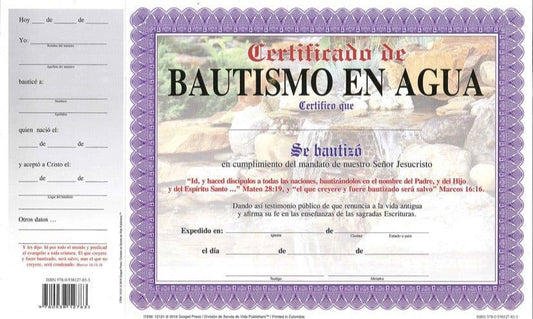 Certificado de Bautismo en Agua - Pura Vida Books