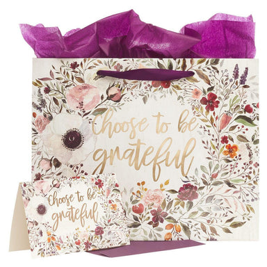Choose To Be Grateful Large Gift Bag Set in Cream with Card and Tissue Paper - Pura Vida Books