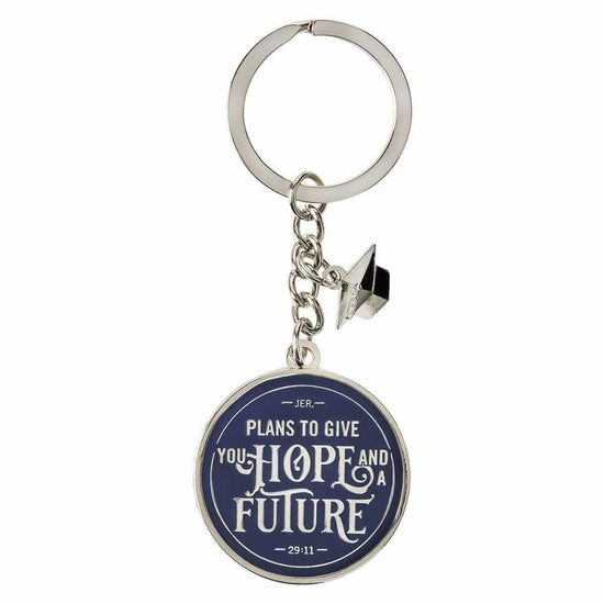 Congrats Grad Hope & a Future Navy Blue Metal Key Ring with Link Chain and Charm - Jeremiah 29:11 - Pura Vida Books