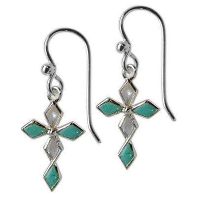 Cross Earrings, White Faux Mother of Pearl and Faux Turquoise Diamond - Pura Vida Books