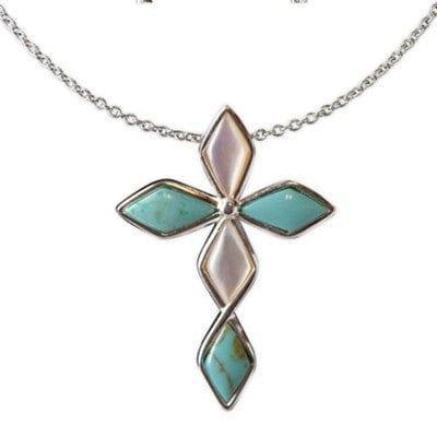 Cross Necklace, White Faux Mother of Pearl and Faux Turquoise Diamond - Pura Vida Books