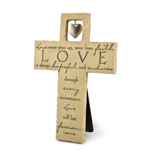 Cross Wall/Desktop Cast Stone Love Is w/Heart Charm - Pura Vida Books