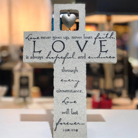 Cross Wall/Desktop Cast Stone Love Is w/Heart Charm - Pura Vida Books