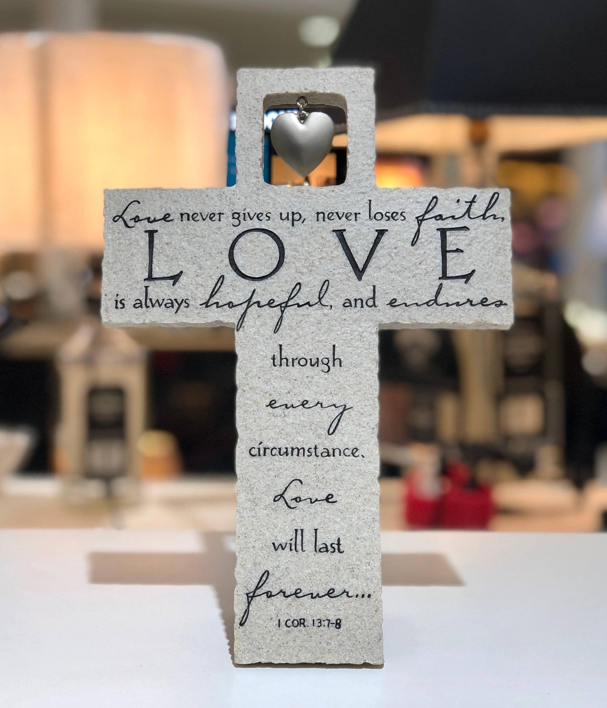 Cross Wall/Desktop Cast Stone Love Is w/Heart Charm - Pura Vida Books