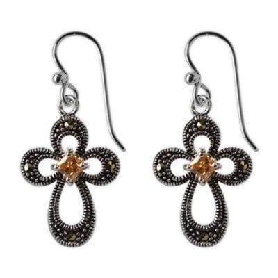 Divine Swiss Cross Earrings, Marcasite with Champagne Cubic Zirconia - Pura Vida Books