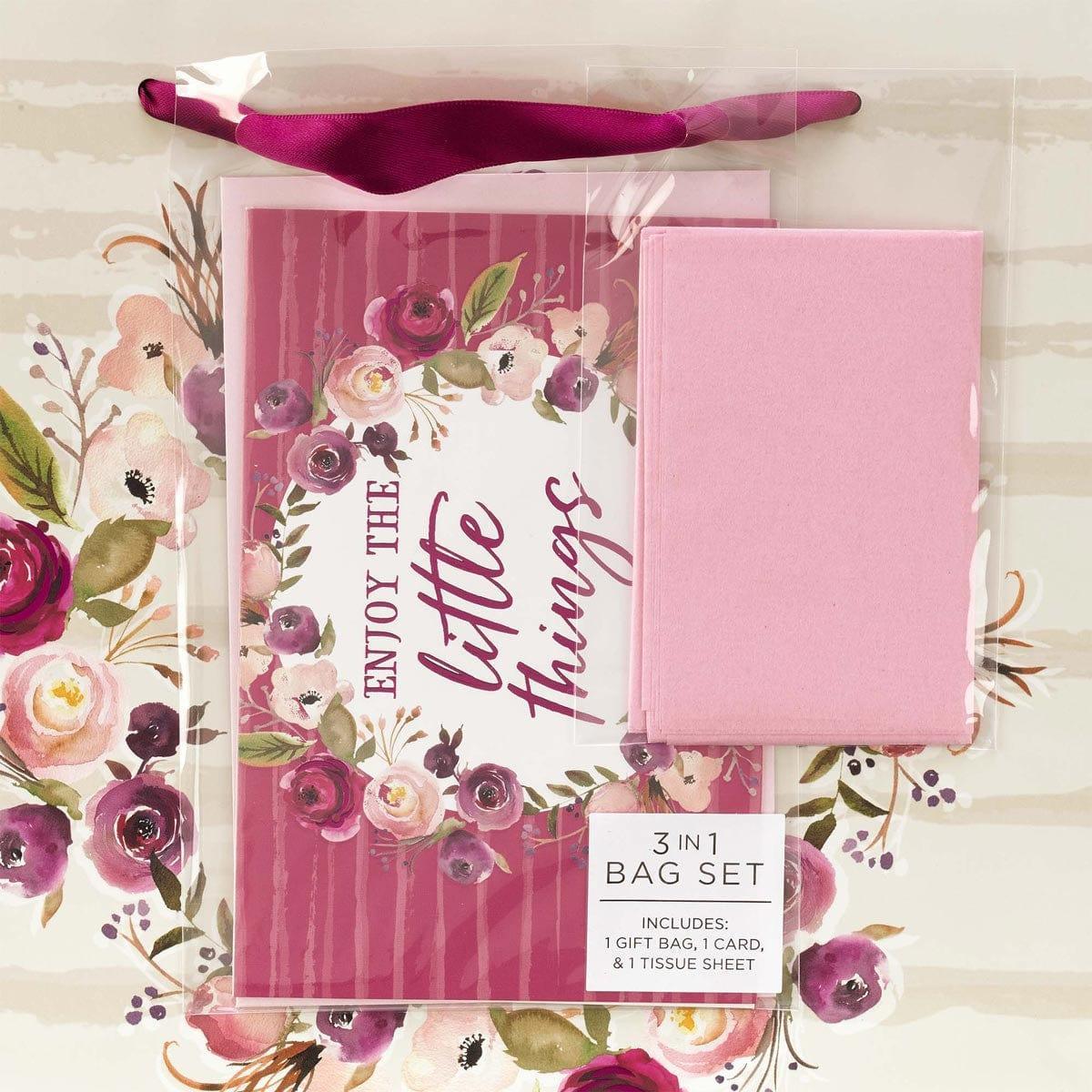 Enjoy The Little Things Large Gift Bag Set in Berry Hues with Card and Tissue Paper - Pura Vida Books