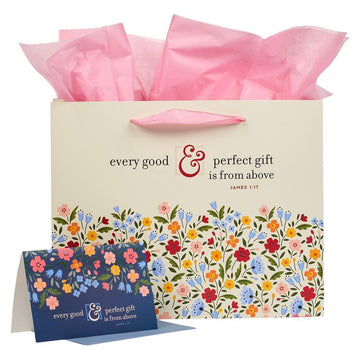 Every Good & Perfect Gift Peach Floral Large Landscape Gift Bag and Card Set - James 1:17 - Pura Vida Books