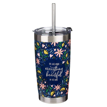 Everything Beautiful Stainless Steel Travel Mug with Reusable Stainless Steel Straw - Ecclesiastes 3:11 - Pura Vida Books