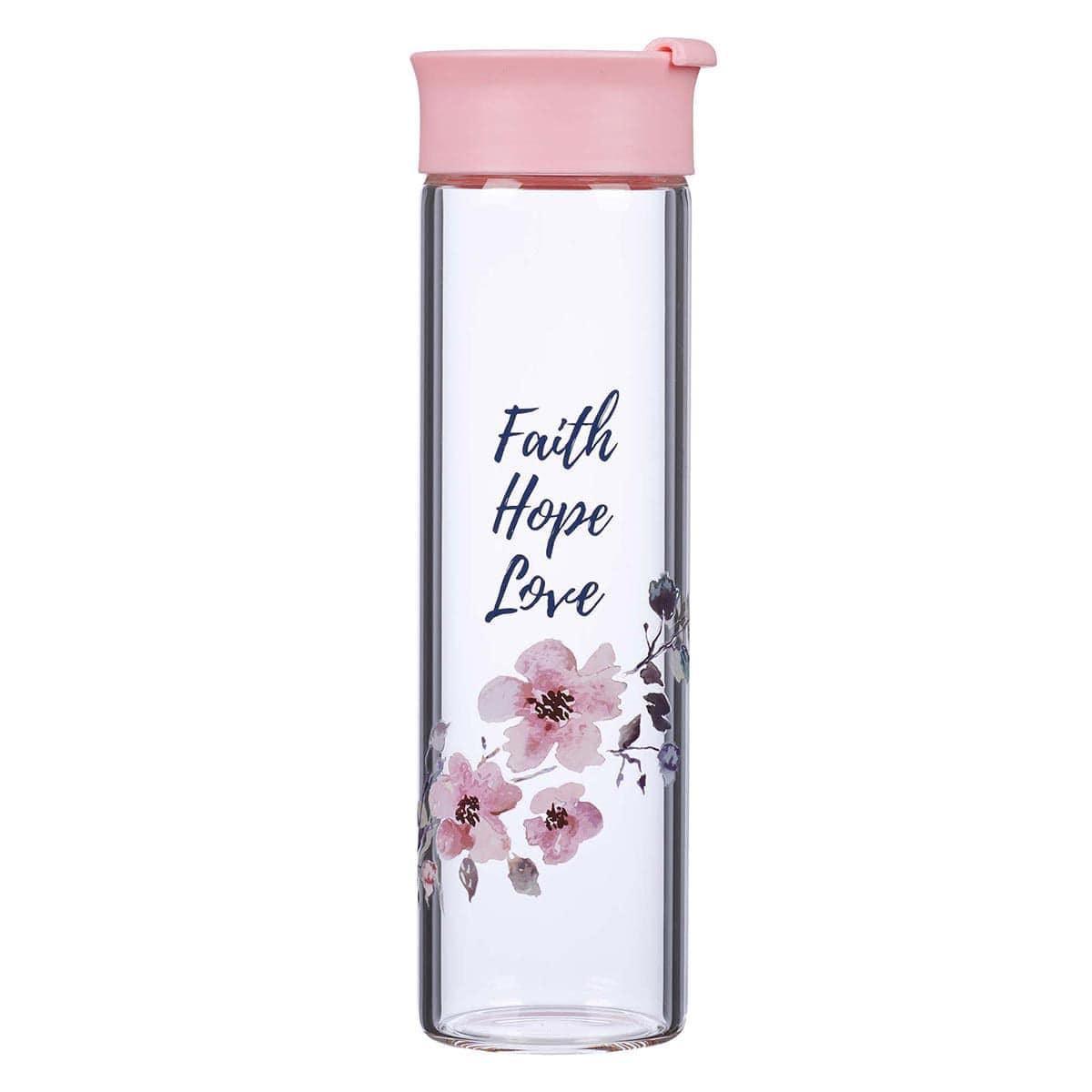 Faith Hope Love Glass Water Bottle in Pink - 1 Corinthians 13:13 - Pura Vida Books