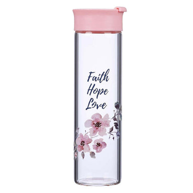 Faith Hope Love Glass Water Bottle in Pink - 1 Corinthians 13:13 - Pura Vida Books