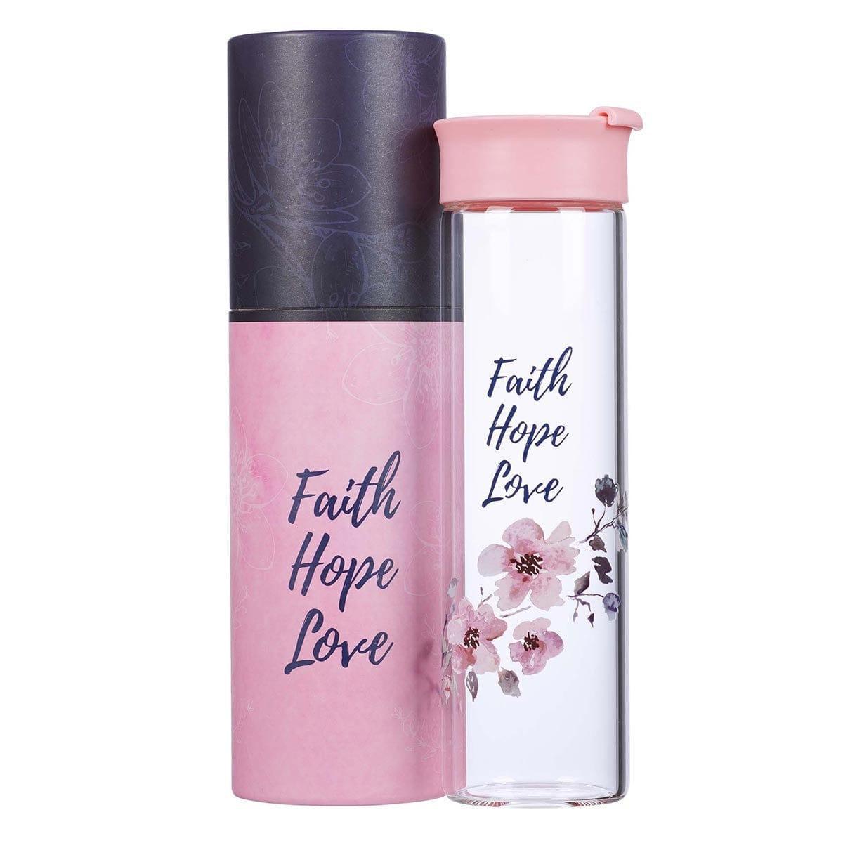 Faith Hope Love Glass Water Bottle in Pink - 1 Corinthians 13:13 - Pura Vida Books