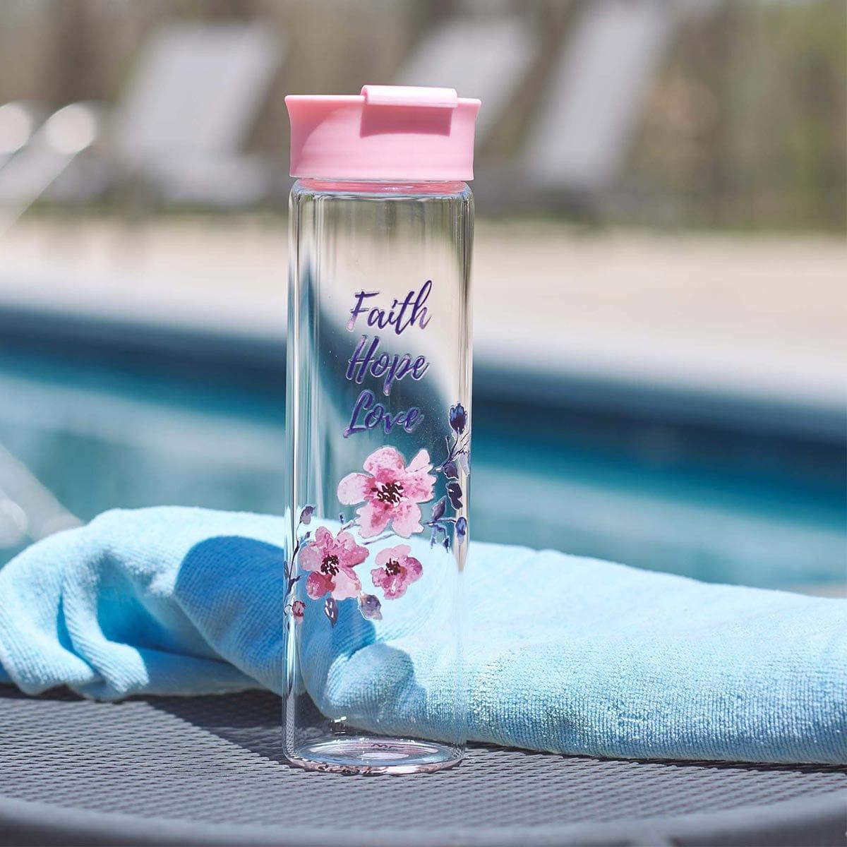 Faith Hope Love Glass Water Bottle in Pink - 1 Corinthians 13:13 - Pura Vida Books