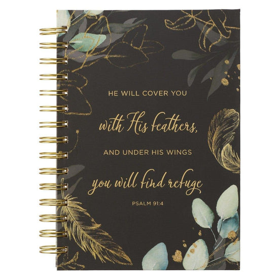 Find Refuge Black and Gold Feather Large Wirebound Journal - Psalm 91:4 - Pura Vida Books