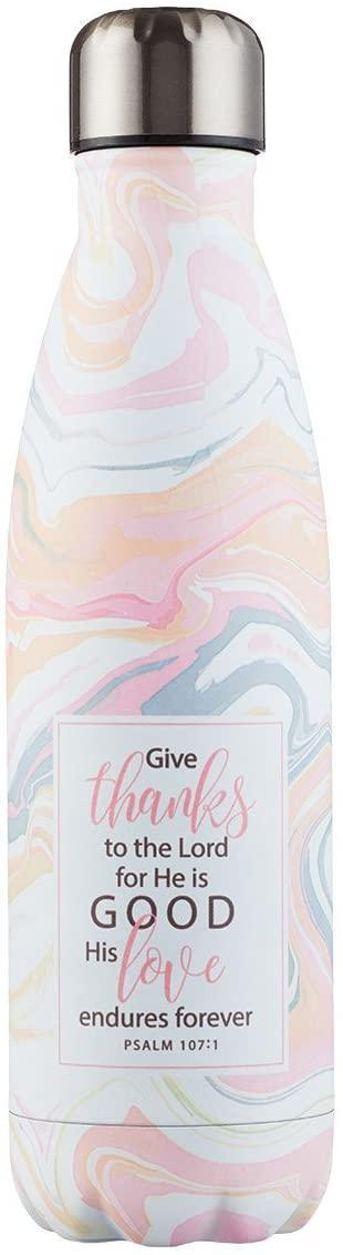 Give Thanks Marble Patterned Stainless Steel Water Bottle - Psalm 107:1 - Pura Vida Books