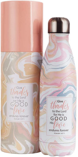 Give Thanks Marble Patterned Stainless Steel Water Bottle - Psalm 107:1 - Pura Vida Books