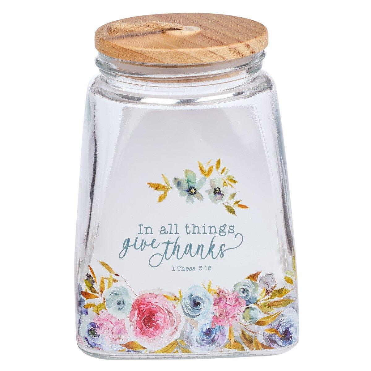 Give Thanks Pink Ranunculus Glass Gratitude Jar with Cards - 1 Thessalonians 5:18 - Pura Vida Books