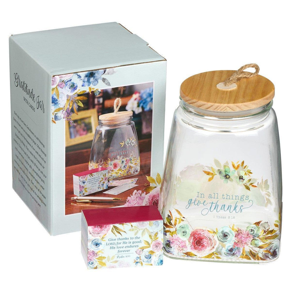 Give Thanks Pink Ranunculus Glass Gratitude Jar with Cards - 1 Thessalonians 5:18 - Pura Vida Books