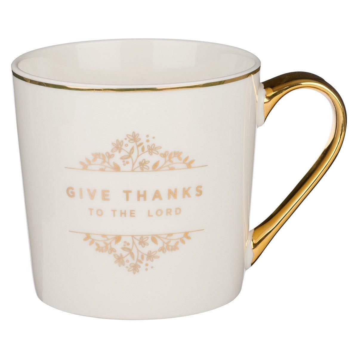 Give Thanks to the LORD White and Gold Ceramic Coffee Mug - Psalm 106:1 - Pura Vida Books