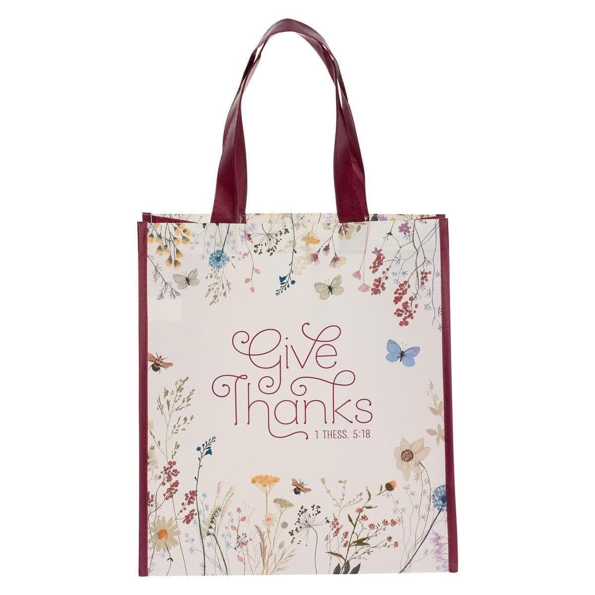 Give Thanks Topsy-Turvy Wildflower Non-Woven Coated Tote Bag - 1 Thessalonians 5:18 - Pura Vida Books