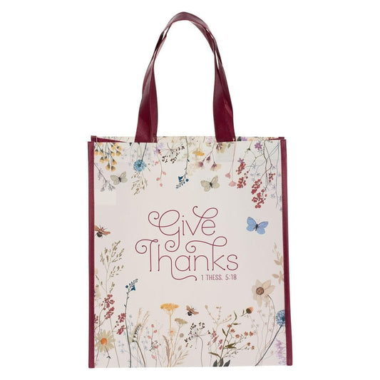 Give Thanks Topsy-Turvy Wildflower Non-Woven Coated Tote Bag - 1 Thessalonians 5:18 - Pura Vida Books