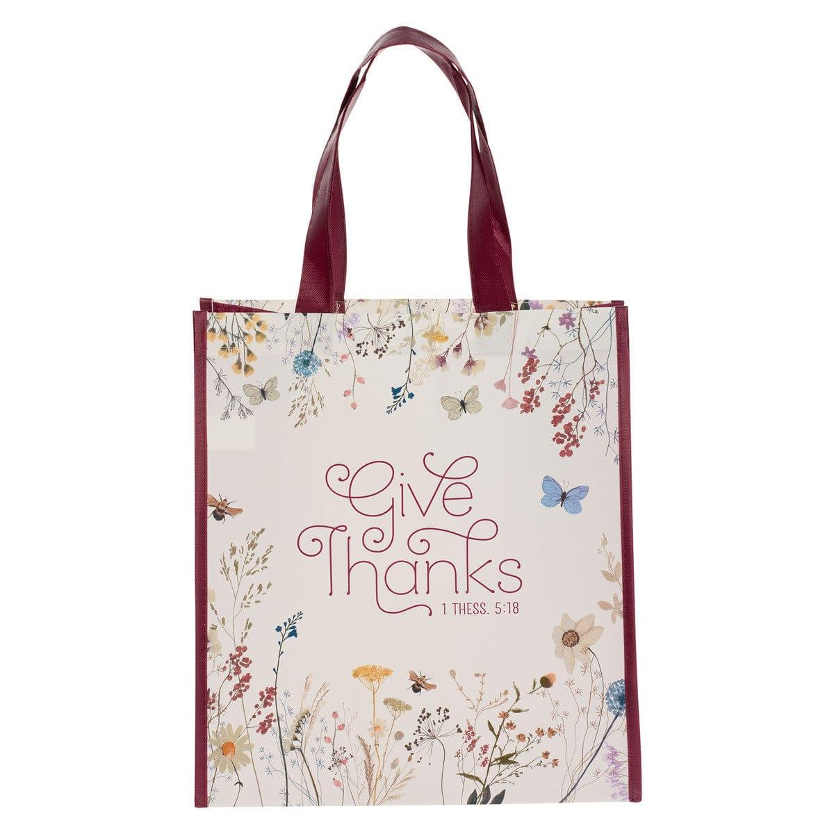 Give Thanks Topsy-Turvy Wildflower Non-Woven Coated Tote Bag - 1 Thessalonians 5:18 - Pura Vida Books