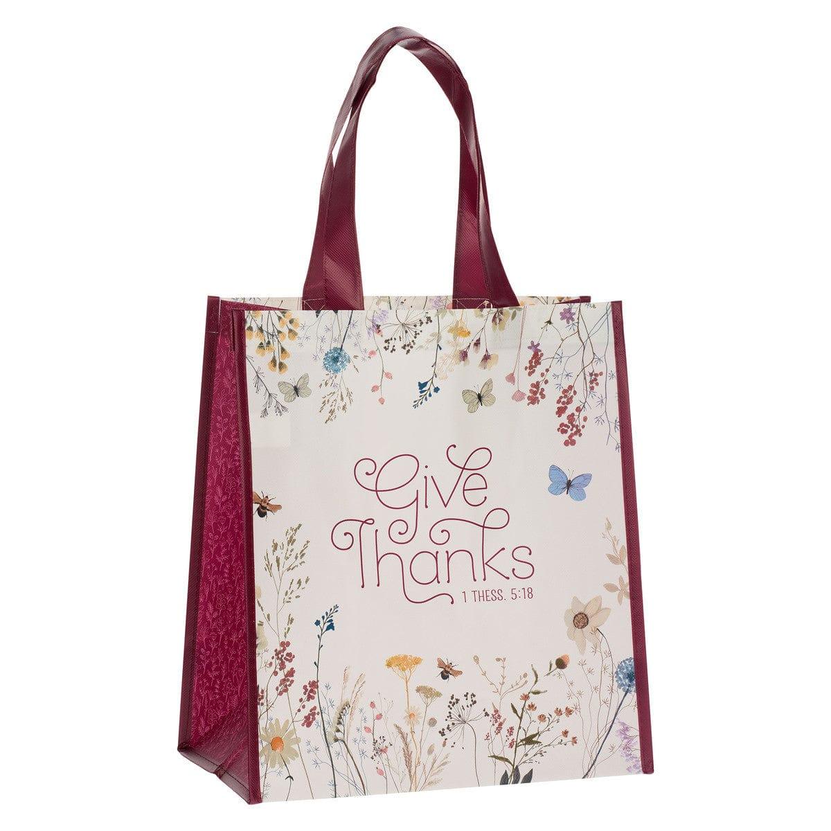 Give Thanks Topsy-Turvy Wildflower Non-Woven Coated Tote Bag - 1 Thessalonians 5:18 - Pura Vida Books